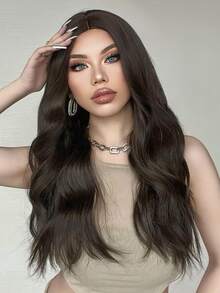 HAIRCUBE Pelucas marrones de 26 pulgadas para mujer Peluca sintética de parte media Peluca rizada natural para fiesta de citas Uso diario - Dark Brown - Ver 3