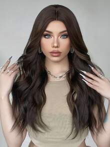 HAIRCUBE Pelucas marrones de 26 pulgadas para mujer Peluca sintética de parte media Peluca rizada natural para fiesta de citas Uso diario - Dark Brown - Ver 4