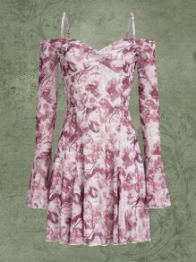 SHEIN Unity 滿版印花挖肩荷葉袖網紗洋裝 - 彩色 - 查看 1
