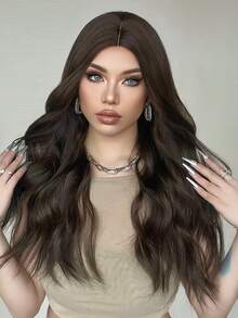 HAIRCUBE Pelucas marrones de 26 pulgadas para mujer Peluca sintética de parte media Peluca rizada natural para fiesta de citas Uso diario - Dark Brown - Ver 6