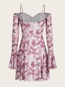 SHEIN Unity 滿版印花挖肩荷葉袖網紗洋裝 - 彩色 - 查看 2