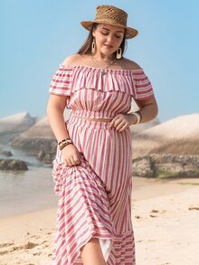 Rusttydustty Plus Striped Off Shoulder Top & Ruffle Hem Skirt - Purple - View 3