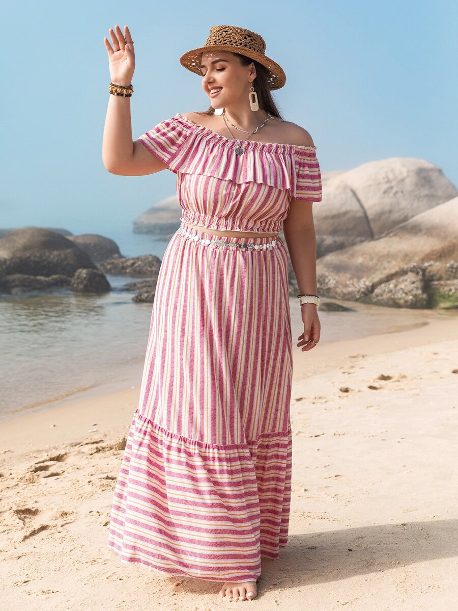 Rusttydustty Plus Striped Off Shoulder Top & Ruffle Hem Skirt - Purple - View 1