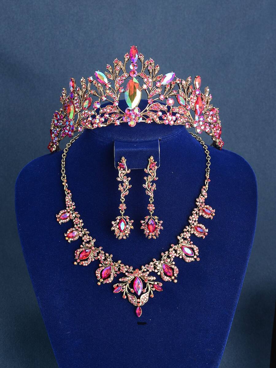 4入組女士水鑽王冠設計魅力四射新娘髮箍和首飾套裝適用於婚禮派對