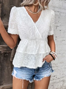 Breezaya Puff Sleeve Peplum Fuzzy Blouse - White - View 3