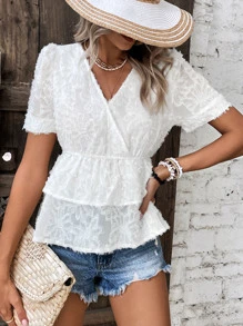 Breezaya Puff Sleeve Peplum Fuzzy Blouse - White - View 6