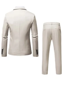 Manfinity Mode 男士寬鬆顯瘦單鈕西裝外套和長褲套裝 - 卡其色 - 查看 2