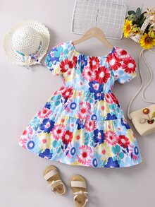 Toddler Girls Allover Floral Print Puff Sleeve Ruffle Hem Dress - Multicolor - View 2