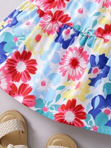 Toddler Girls Allover Floral Print Puff Sleeve Ruffle Hem Dress - Multicolor - View 3