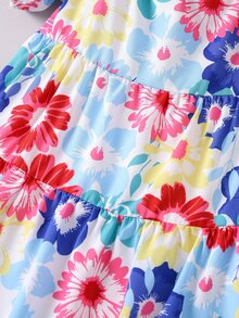 Toddler Girls Allover Floral Print Puff Sleeve Ruffle Hem Dress - Multicolor - View 4