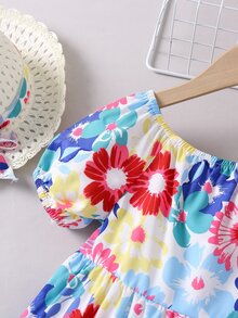 Toddler Girls Allover Floral Print Puff Sleeve Ruffle Hem Dress - Multicolor - View 6