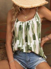 Breezaya Top de tirantes con estampado de pincel, blusas gráficas para mujeres - Verde - Ver 1