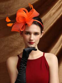 1入組迷人帽子茶會帽子羽毛網狀婚禮頭飾女式新娘頭飾帶髮夾 - 亮橙色 - 查看 5