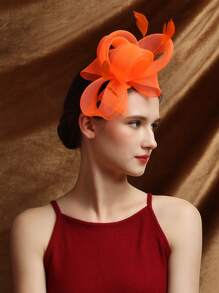 1入組迷人帽子茶會帽子羽毛網狀婚禮頭飾女式新娘頭飾帶髮夾 - 亮橙色 - 查看 6