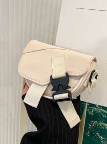 Mini Saddle Bag Release Buckle Decor Flap PU For Daily Life - Beige - View 1
