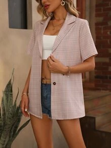 SHEIN LUNE Plaid Print Lapel Neck Blazer - Khaki - View 3