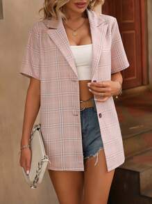 SHEIN LUNE Plaid Print Lapel Neck Blazer - Khaki - View 4