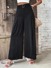 SHEIN VCAY Quần nữ Thắt lưng màu trơn Giải trí - màu đen - Xem 5