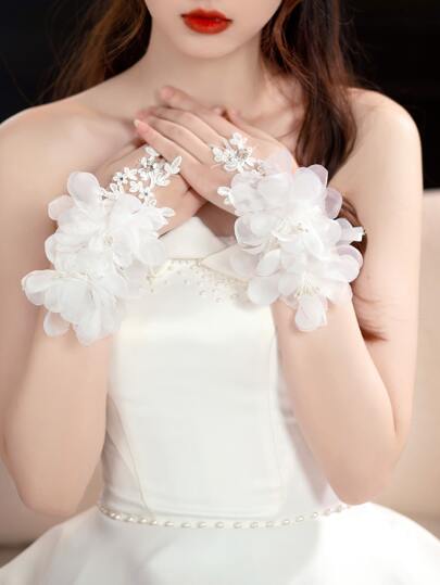 قفازات قصيرة مزينة بالزهور والدانتيل متعددة الاستخدامات للعروس وفستان الزفاف والحفلات والتصوير الفوتوغرافي، إكسسوار خريفي