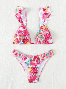 Floral Print Ruffle Trim Triangle Summer Beach Bikini Set - Multicolor - View 1