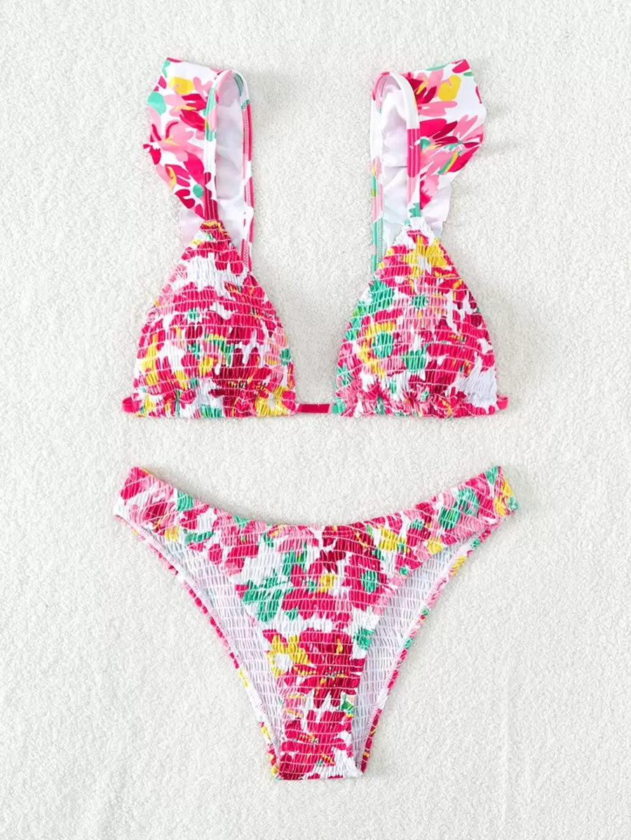 Floral Print Ruffle Trim Triangle Summer Beach Bikini Set - Multicolor - View 1