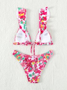 Floral Print Ruffle Trim Triangle Summer Beach Bikini Set - Multicolor - View 2