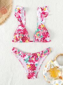 Floral Print Ruffle Trim Triangle Summer Beach Bikini Set - Multicolor - View 3