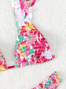 Floral Print Ruffle Trim Triangle Summer Beach Bikini Set - Multicolor - View 4
