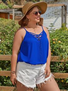 SHEIN LUNE Plus Contrast Lace Criss Cross Front Cami Top - Royal Blue - View 4