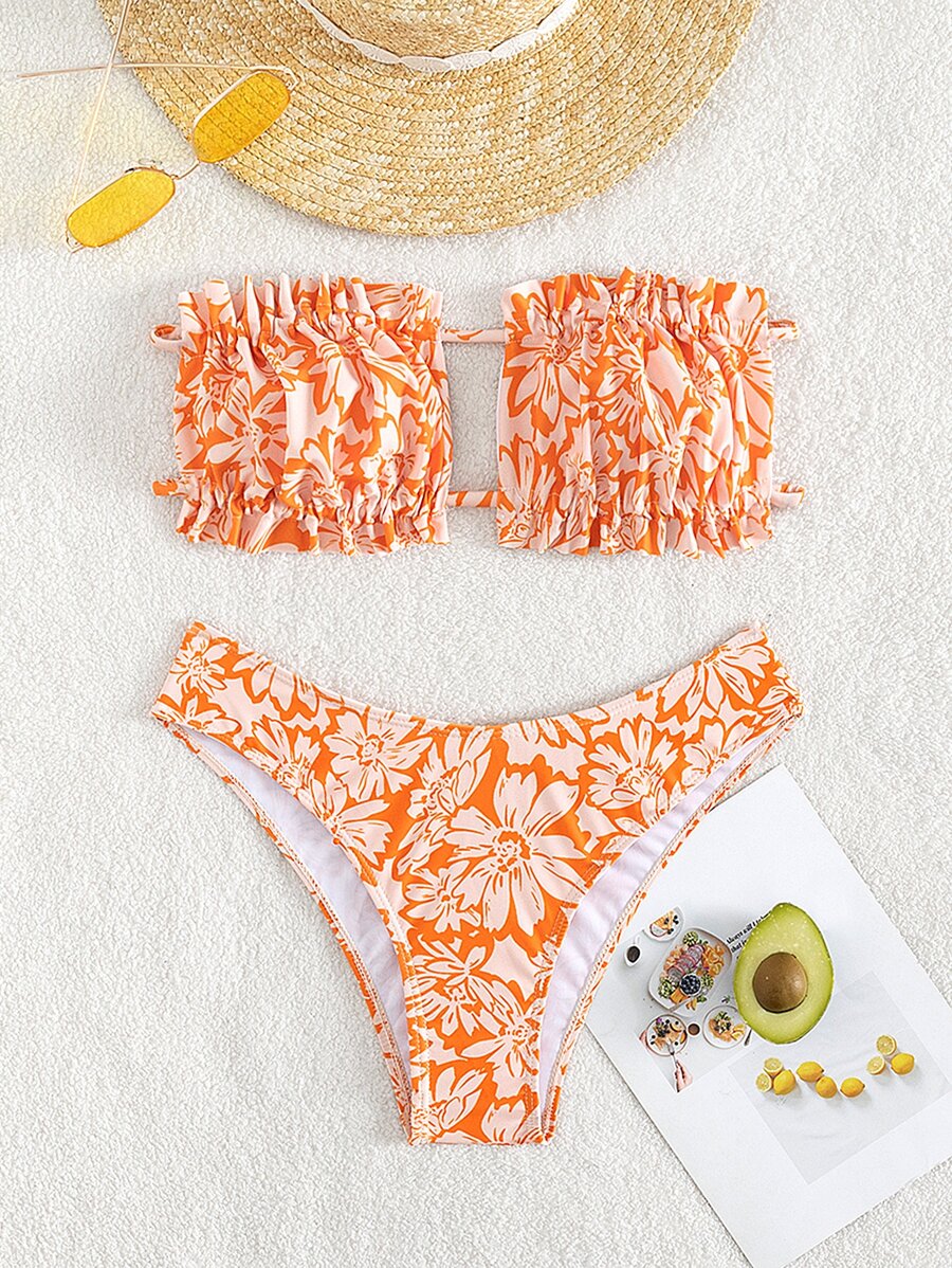 花卉印花荷葉邊束身夏季沙灘比基尼套裝 - 彩色 - 查看 1