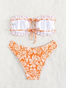 花卉印花荷葉邊束身夏季沙灘比基尼套裝 - 彩色 - 查看 2