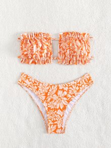 花卉印花荷葉邊束身夏季沙灘比基尼套裝 - 彩色 - 查看 6