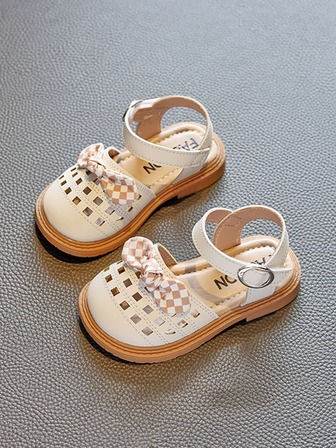 女孩方格圖案蝴蝶結裝飾踝帶平底鞋
