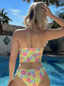 花卉印花单肩比基尼套装夏季海滩 - 彩色 - 查看 2