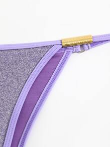 Glitter Contrast Binding Triangle Thong Bikini Bottom - Purple - View 3