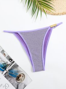 Glitter Contrast Binding Triangle Thong Bikini Bottom - Purple - View 4