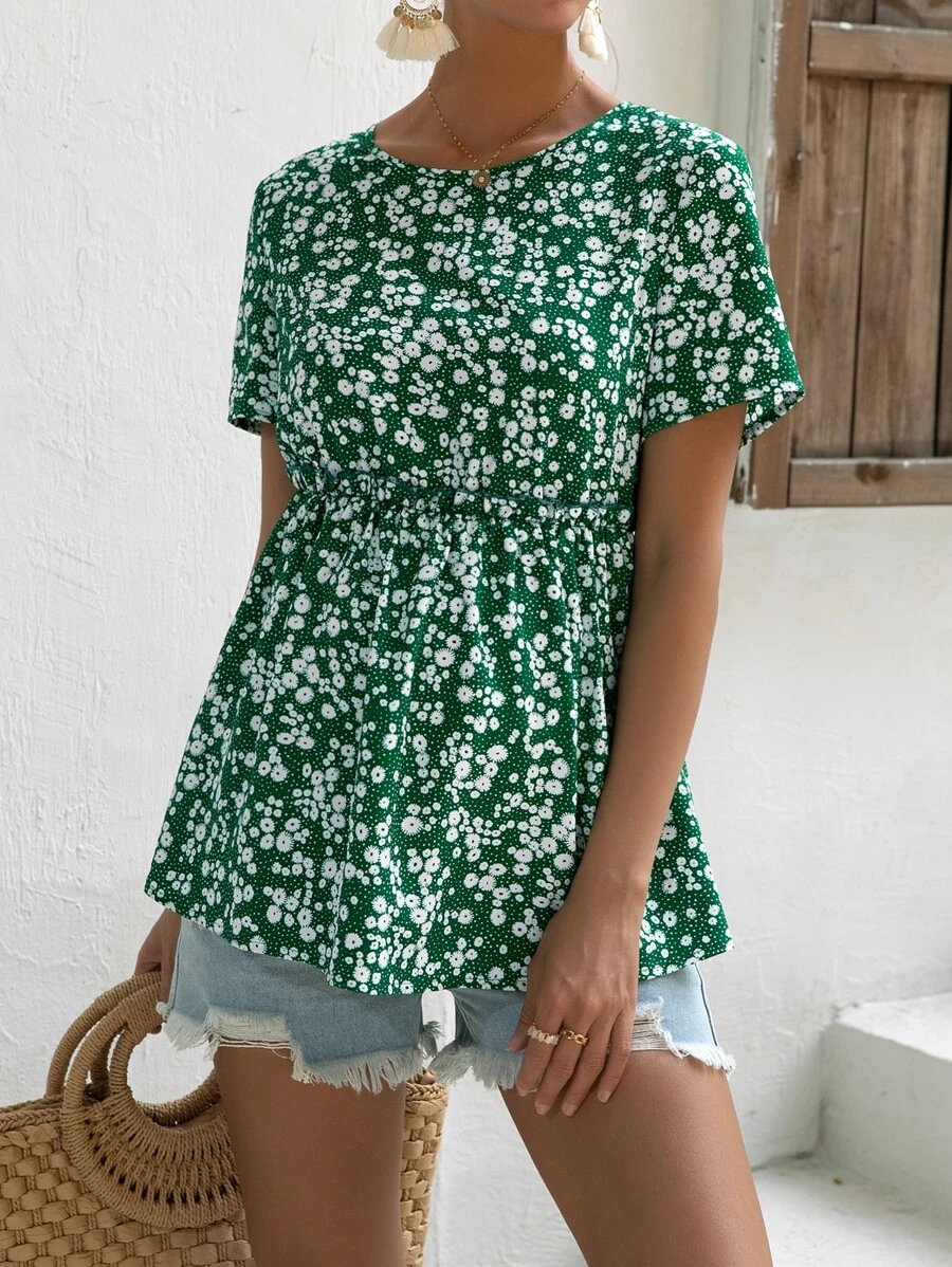 SHEIN Maternity Ditsy Floral Print Peplum Blouse - Multicolor - View 1