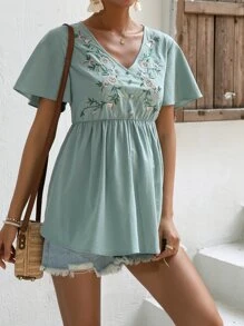 SHEIN Maternity Floral Embroidery Butterfly Sleeve Peplum Blouse - Mint Green - View 3