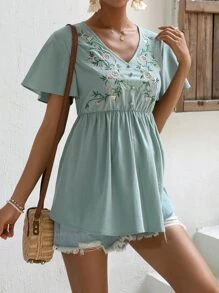 SHEIN Maternity Floral Embroidery Butterfly Sleeve Peplum Blouse - Mint Green - View 4