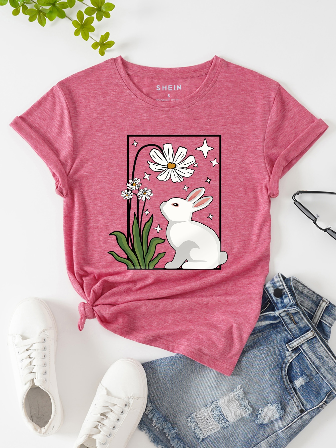 Top Shein Rabbit SHEIN Essnce Rabbit And Floral Print Tee | SHEIN USA