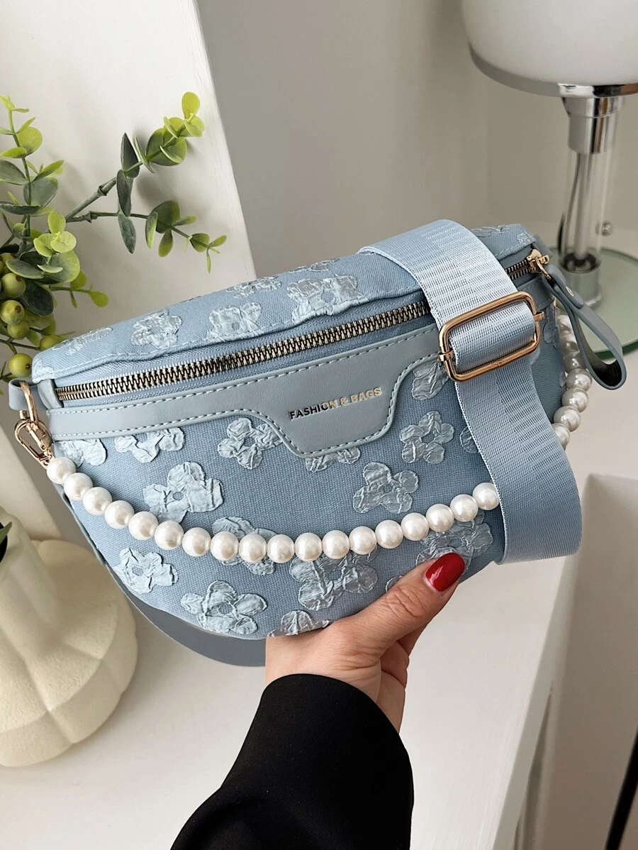 花卉圖案腰包人造珍珠裝飾適用於日常 - 藍色 - 查看 1