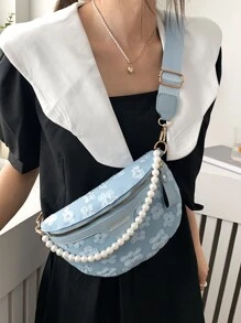 花卉圖案腰包人造珍珠裝飾適用於日常 - 藍色 - 查看 2