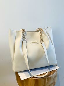 白色字母貼飾單肩托特包雙把手 - 米色 - 查看 2