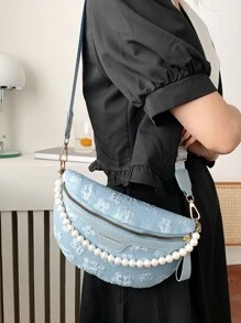 花卉圖案腰包人造珍珠裝飾適用於日常 - 藍色 - 查看 5