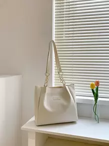 白色字母貼飾單肩托特包雙把手 - 米色 - 查看 6