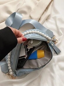 花卉圖案腰包人造珍珠裝飾適用於日常 - 藍色 - 查看 6