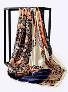 1入組女士印花緞面方頭箍沙灘比基尼防曬絲巾 - 米色 - 查看 1