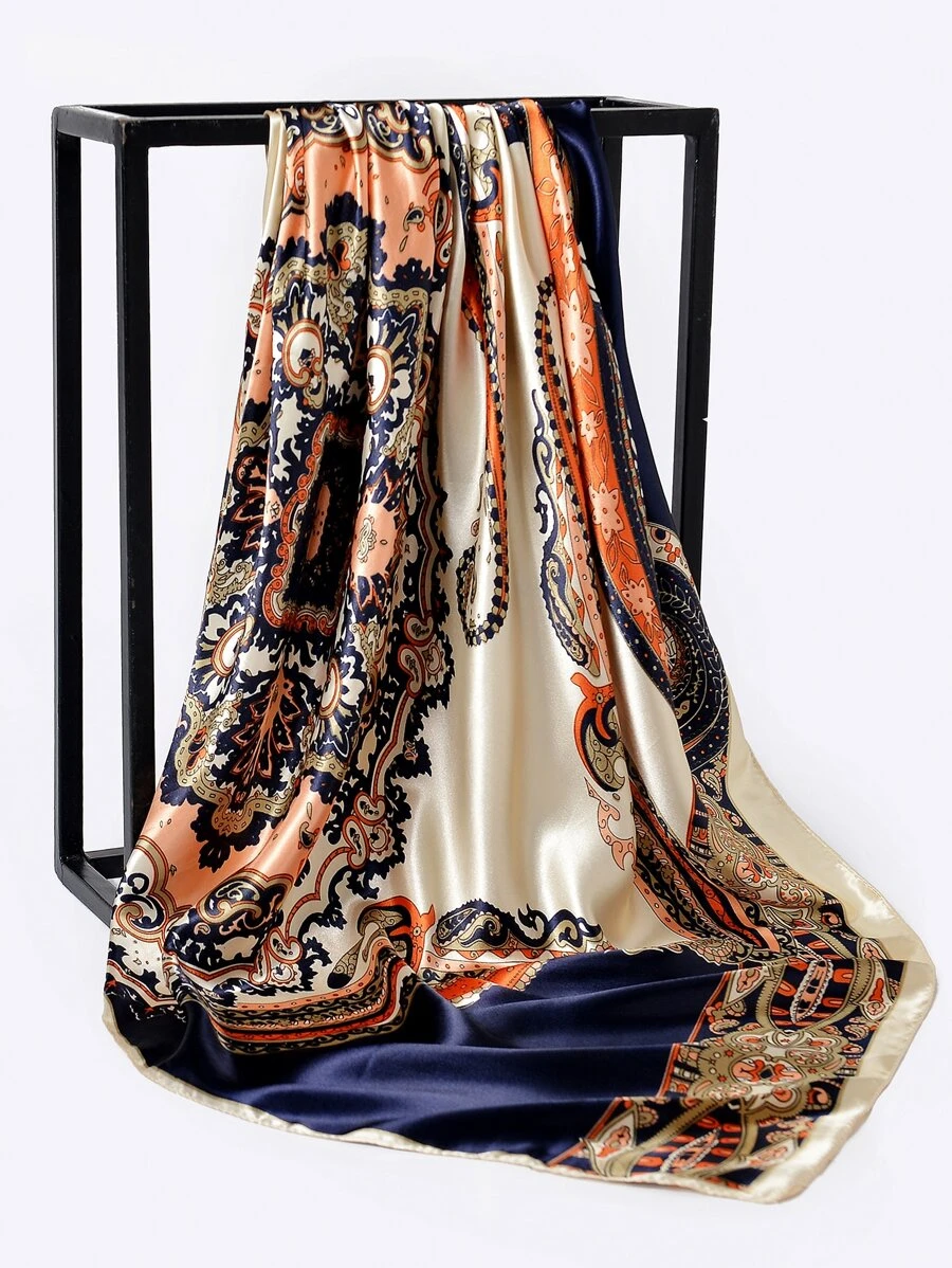 1入組女士印花緞面方頭箍沙灘比基尼防曬絲巾 - 米色 - 查看 1