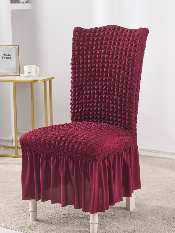 1pc Polyester Dining Chair Slipcover, Minimalist Burgundy Textured Ruffle Trim Dining Room Chair Slipcover For Dining Room