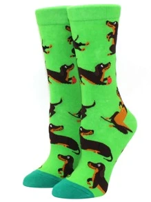 1 Đôi Nữ Động Vật Họa Tiết Chó Vải Dệt Kim Dễ Thương Thủy Thủ Đoàn Tất Cho Tất Cả Các Mùa - màu xanh lá - Xem 1